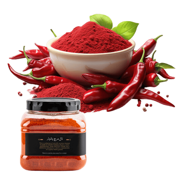 Finely ground red chilli powder in bowl with dried red chilies for export