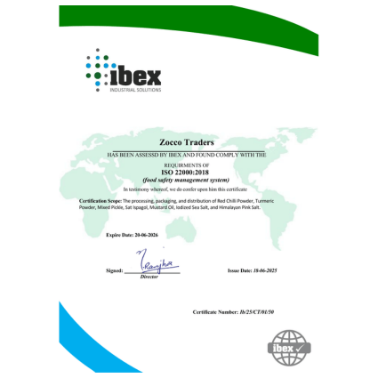 ZOCCO TRADERS ISO 22000:2018 certificate for additional export products