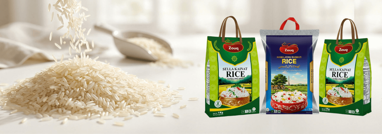 Pakistani rice export packaging and premium long grain rice display